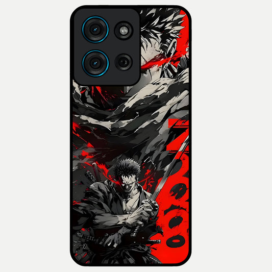 Demon Sword Resolve Glass Case showing flat back view with fierce sword warrior artwork and glossy glass finish.