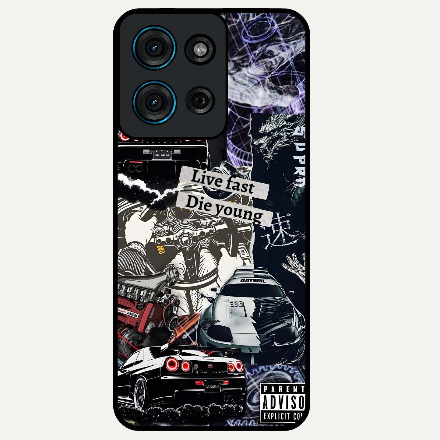 Die Young Glass Case showing flat back view with bold artistic typography design and glossy glass finish.