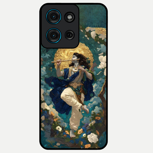 Divine Krishna Art Glass Case showing flat back view with Lord Krishna artwork and glossy glass finish.