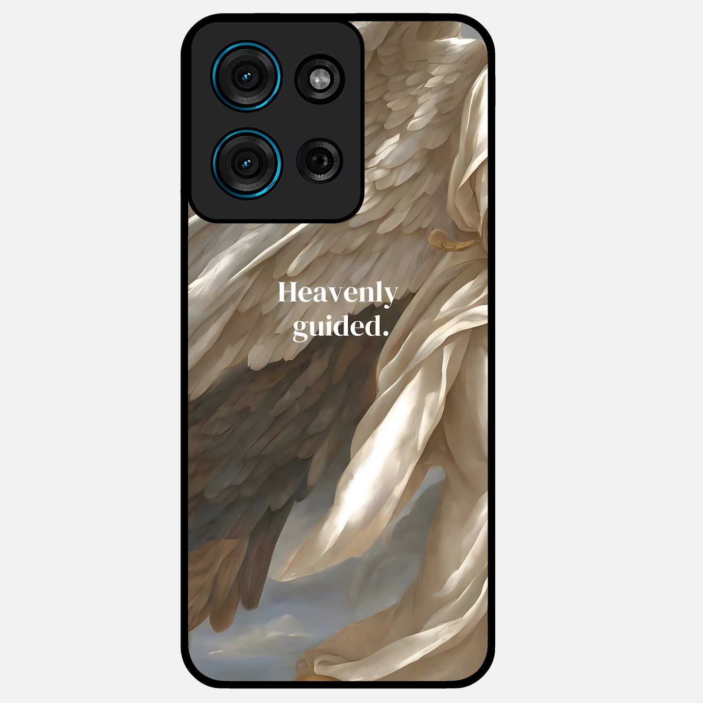 Divine Winged Grace Glass Case showing flat back view with elegant wing inspired artwork and glossy glass finish.