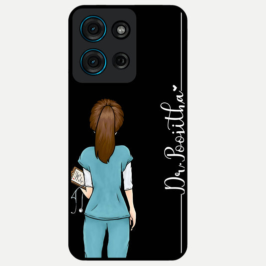Doctor Pattern Custom Name Glass Case showing flat back view with medical themed pattern and personalized name design.