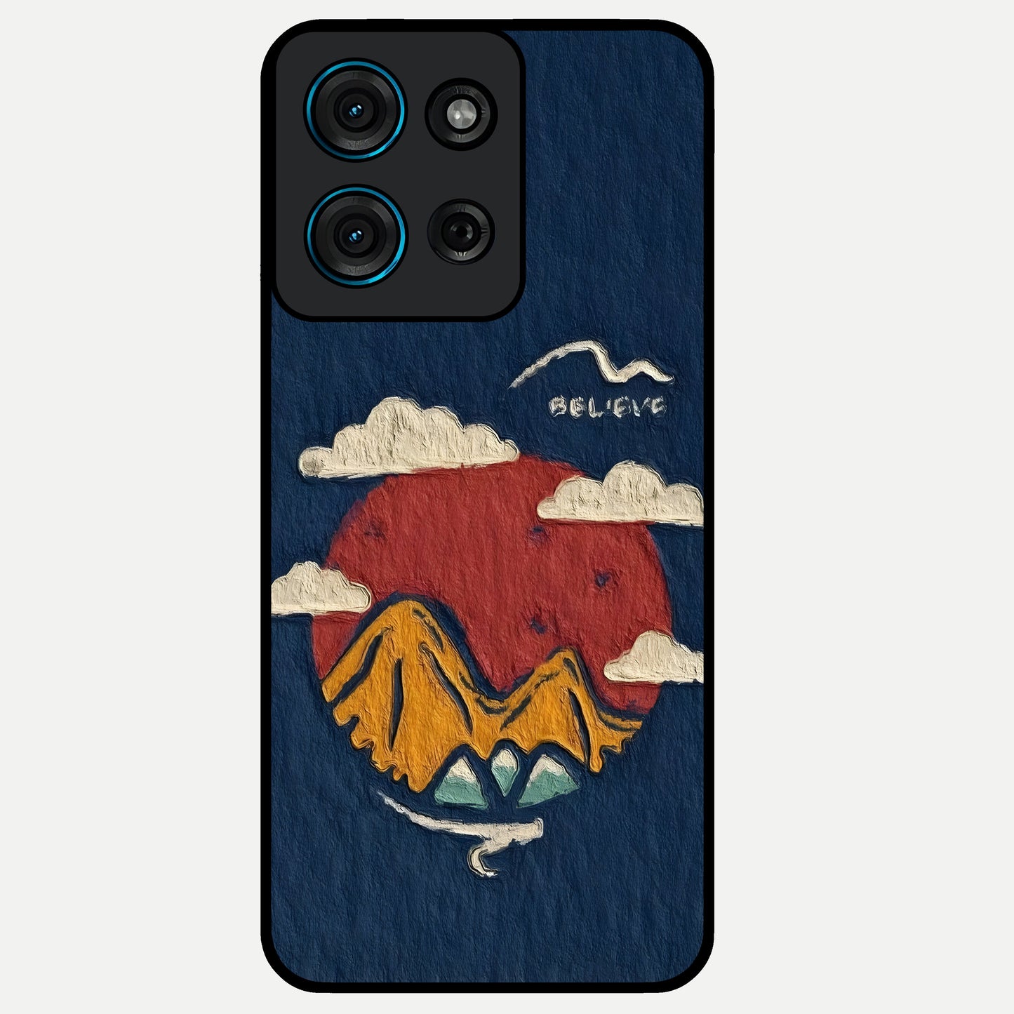Dream Beyond Mountains Glass Case showing flat back view with scenic mountain landscape artwork and glossy glass finish.