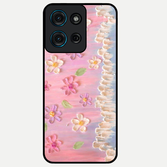 Dreamy Painted Garden Glass Case showing flat back view with artistic painted floral garden artwork and glossy glass finish.