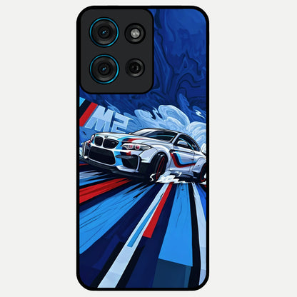 Drift Power Rush Glass Case showing flat back view with dynamic racing inspired artwork and glossy glass finish.
