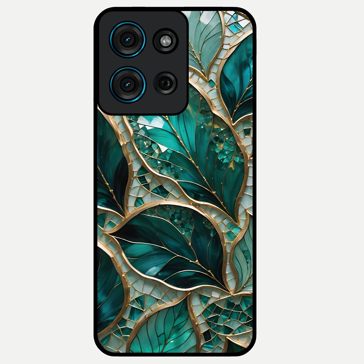 Emerald Leaf Glass Glass Case showing flat back view with emerald green leaf artwork and glossy glass finish.