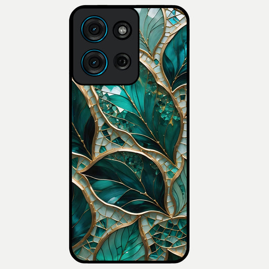 Emerald Leaf Glass Glass Case showing flat back view with emerald green leaf artwork and glossy glass finish.