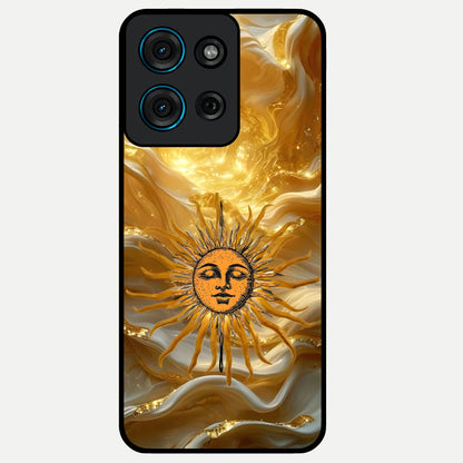 Eternal Golden Glow Glass Case showing flat back view with radiant golden themed artwork and glossy glass finish.
