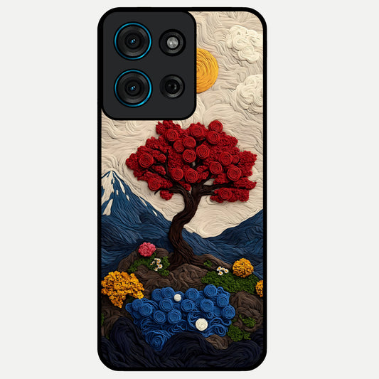 Eternal Nature Tapestry Glass Case showing flat back view with intricate nature tapestry artwork and glossy glass finish.