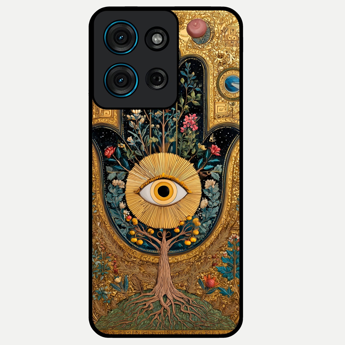 Ethereal Evil Eye Glass Case showing flat back view with mystical evil eye artwork and glossy glass finish.