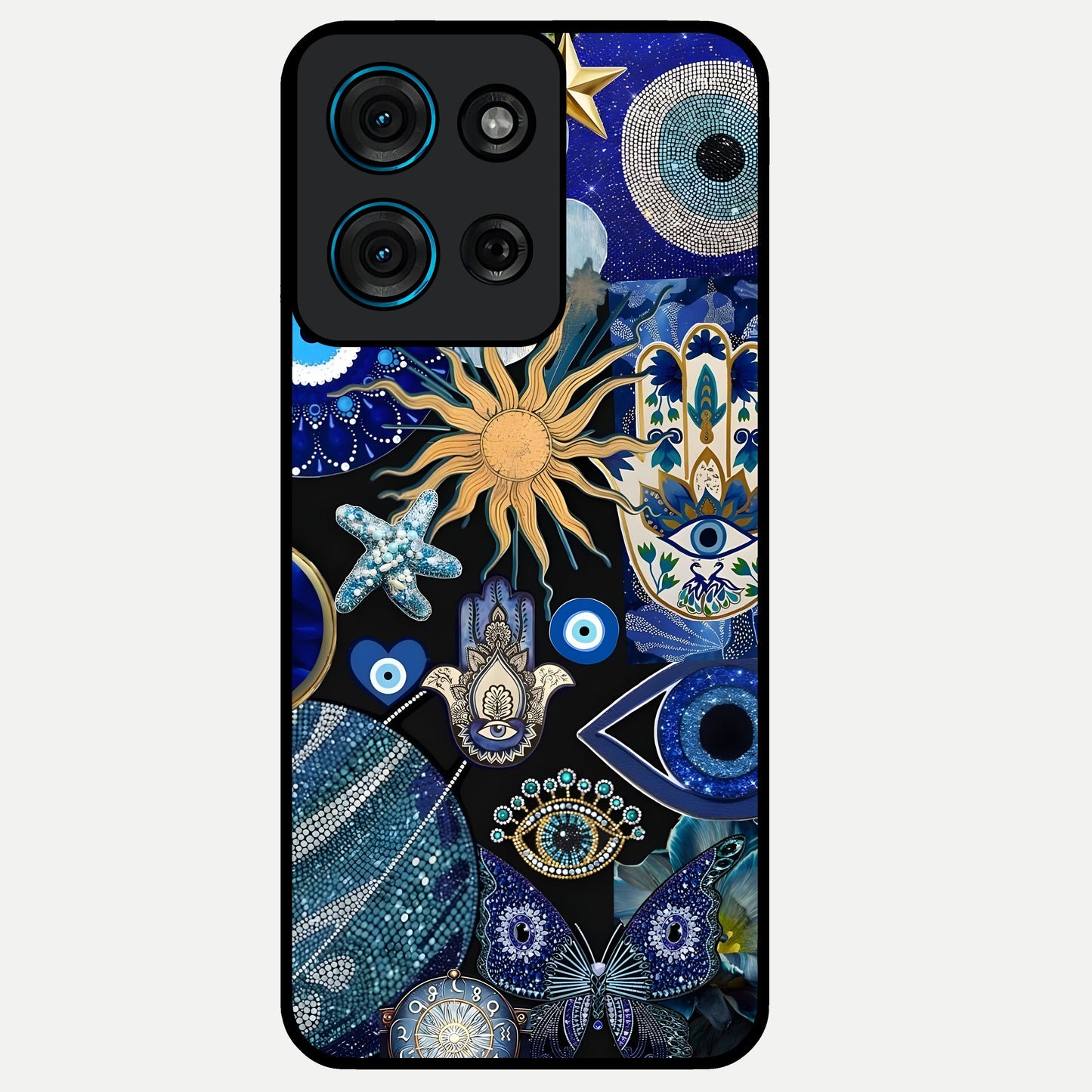 Evil Eye Charm Mix Glass Case showing flat back view with multiple evil eye charms artwork and glossy glass finish.