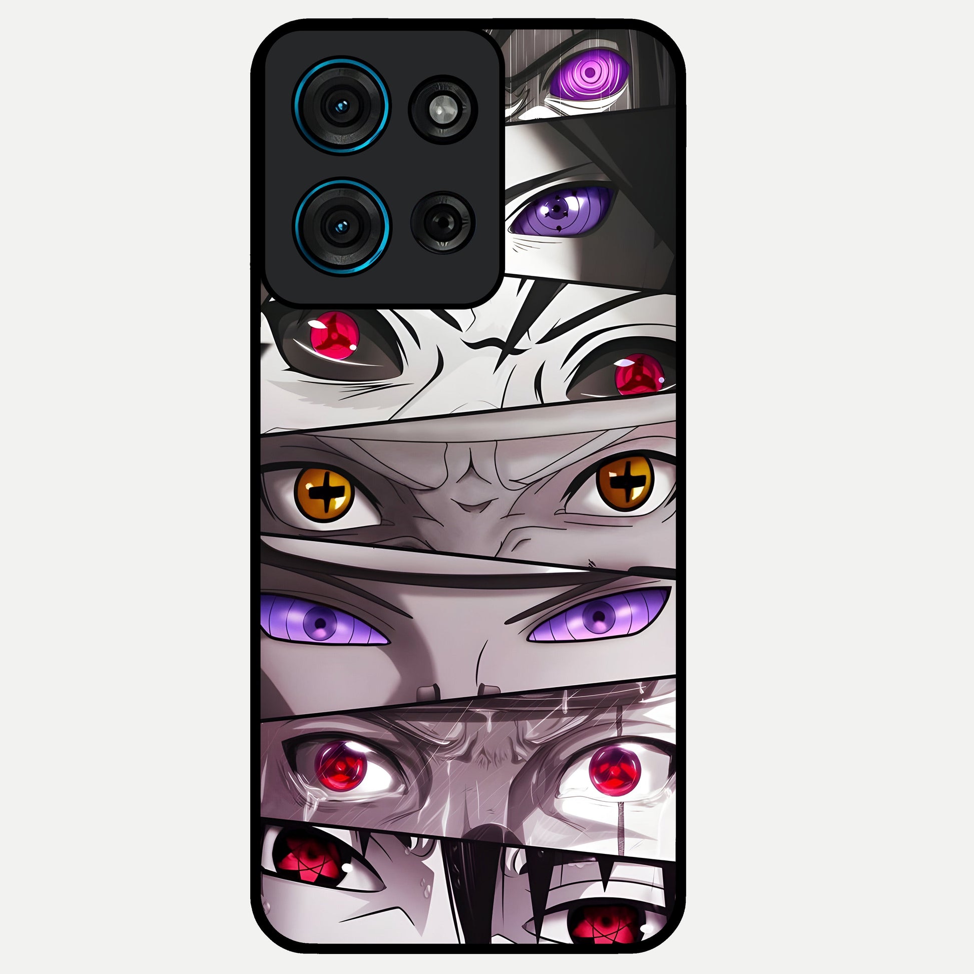 Eyes of Destiny Glass Case showing flat back view with striking eye themed artwork and glossy glass finish.