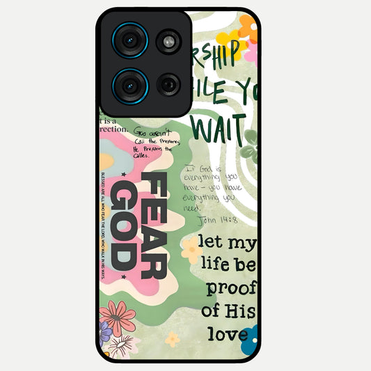 Faith Over Fear Glass Case showing flat back view with motivational typography artwork and glossy glass finish.