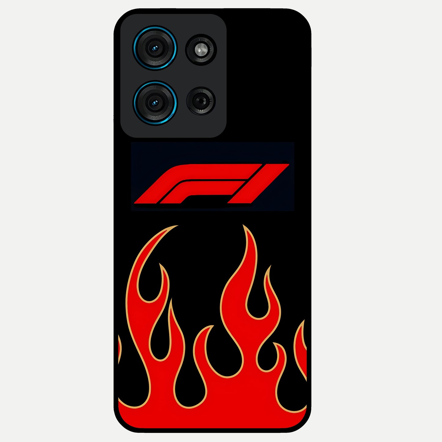 Fire F11 Glass Case showing flat back view with fiery themed artwork and glossy glass finish.