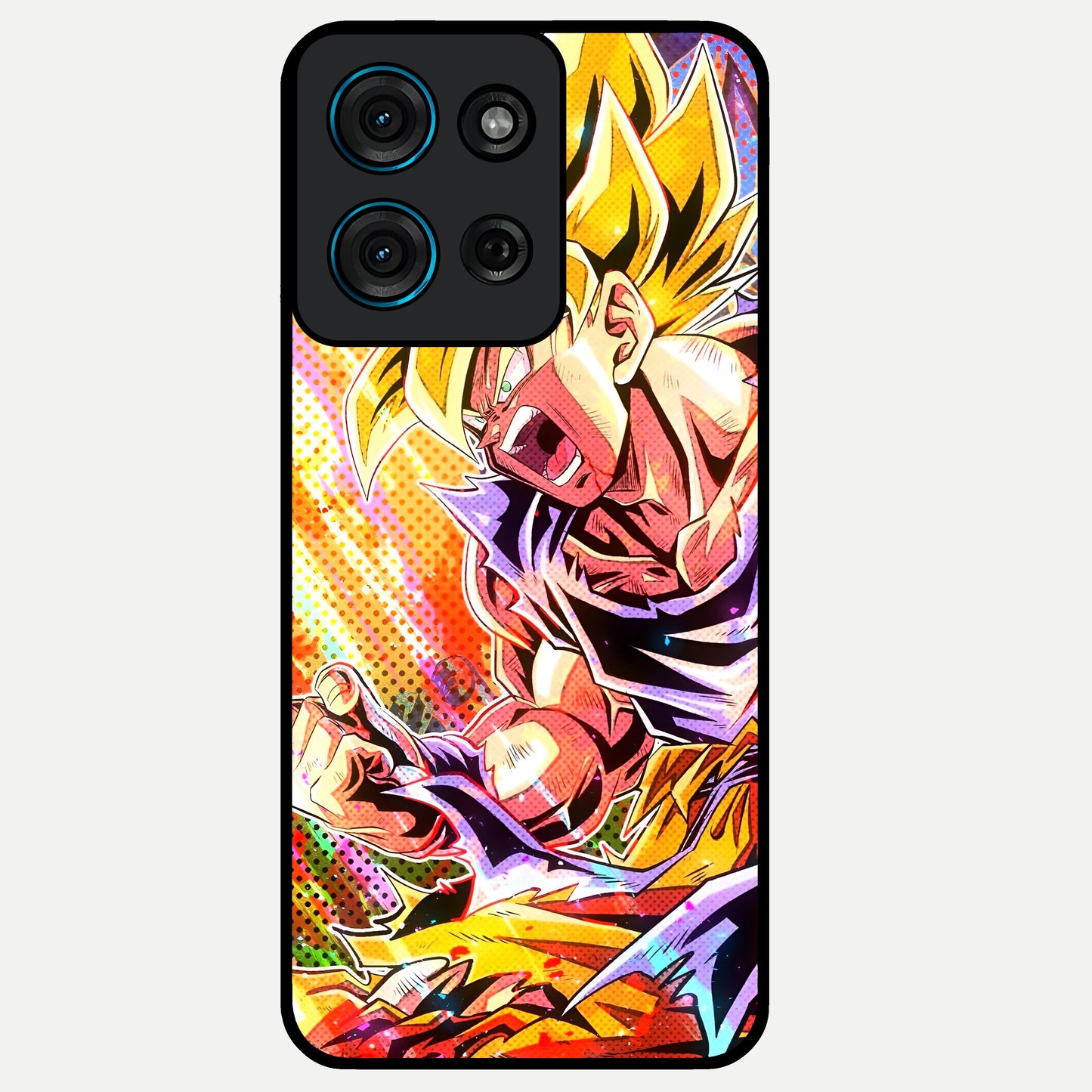 Firing Goku Glass Case showing flat back view with powerful anime inspired artwork and glossy glass finish.