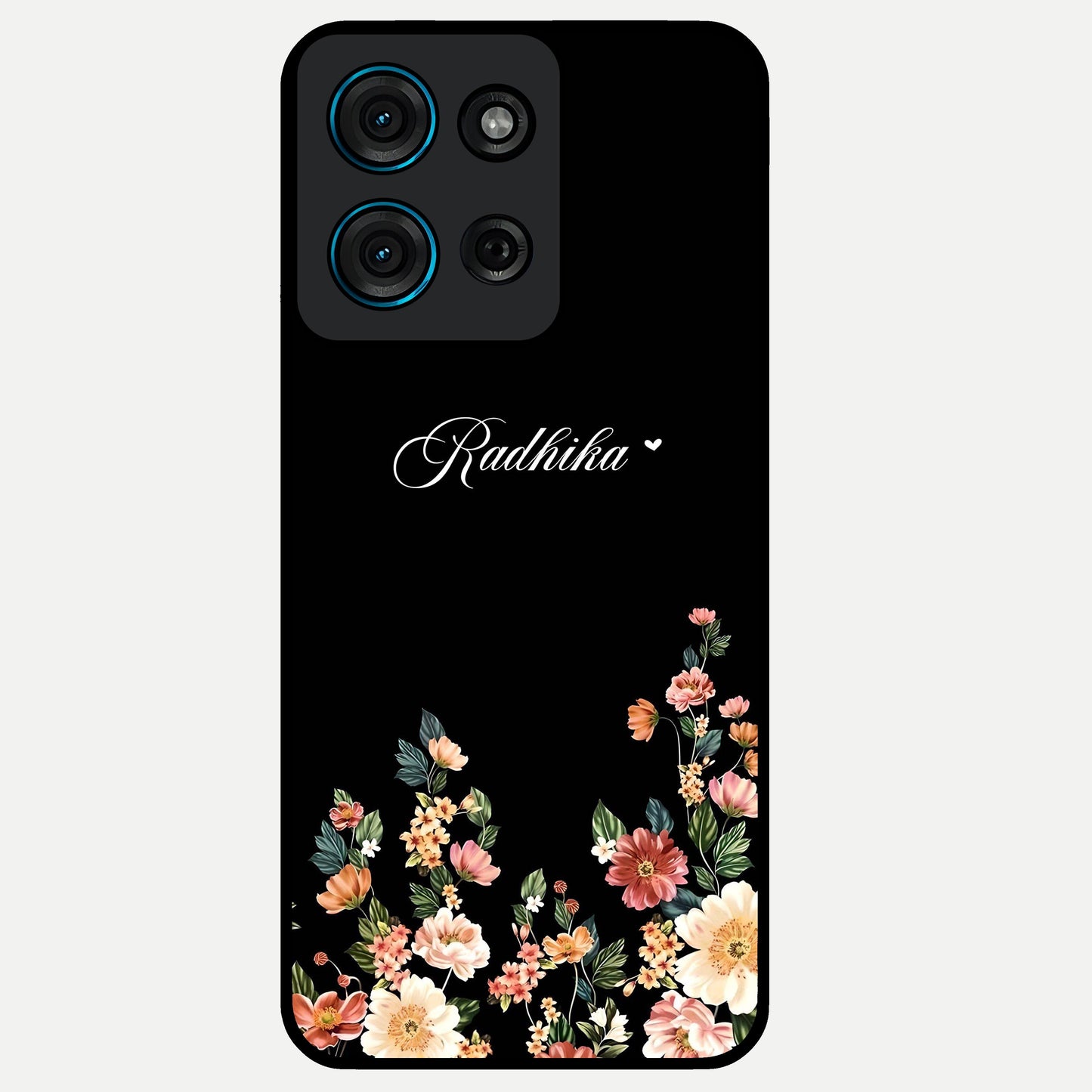 Floral Design With a Custom Personalized Name Glass Case showing flat back view with floral artwork and personalized name design.
