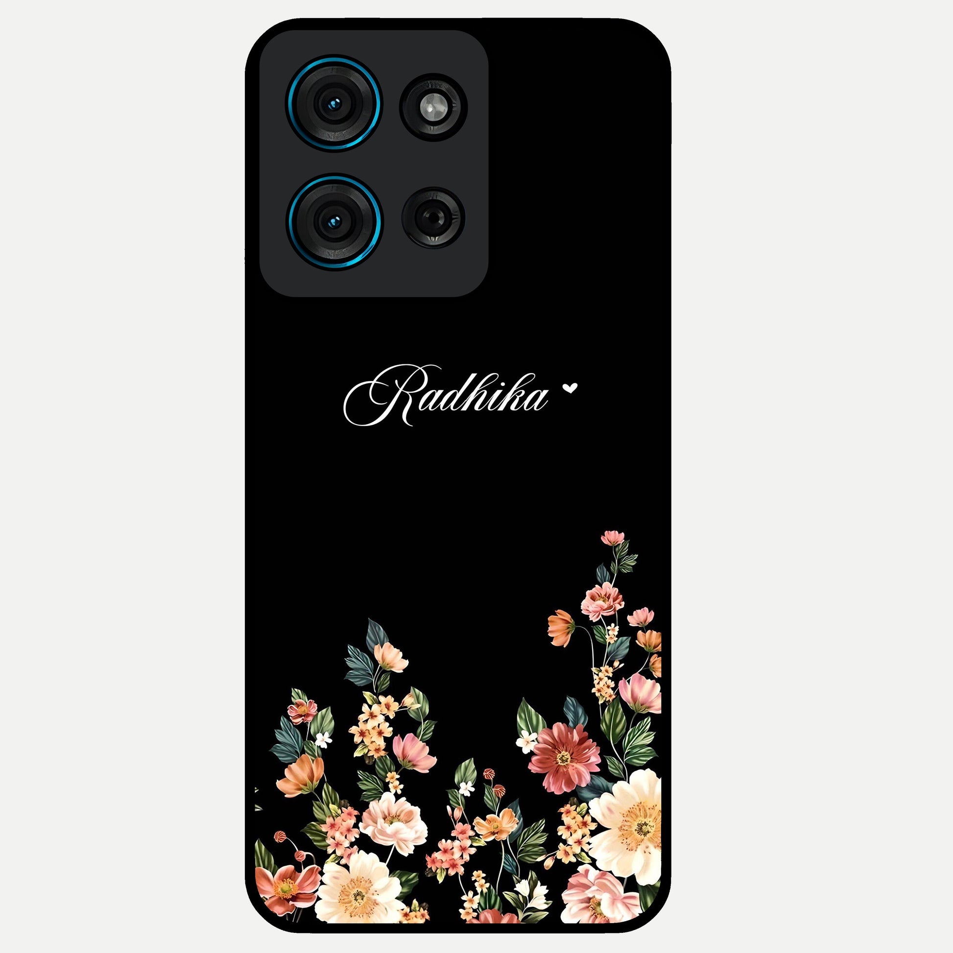 Floral Design With a Custom Personalized Name Glass Case showing flat back view with floral artwork and personalized name design.