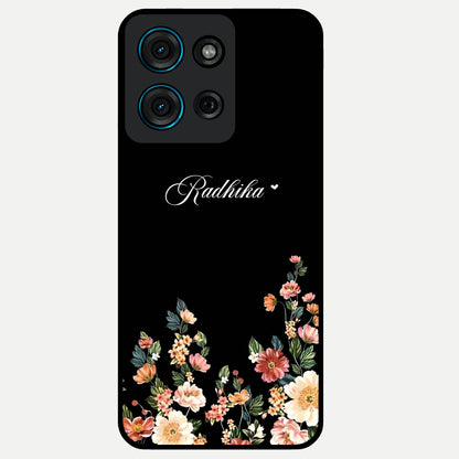 Floral Design With a Custom Personalized Name Glass Case showing flat back view with floral artwork and personalized name design.