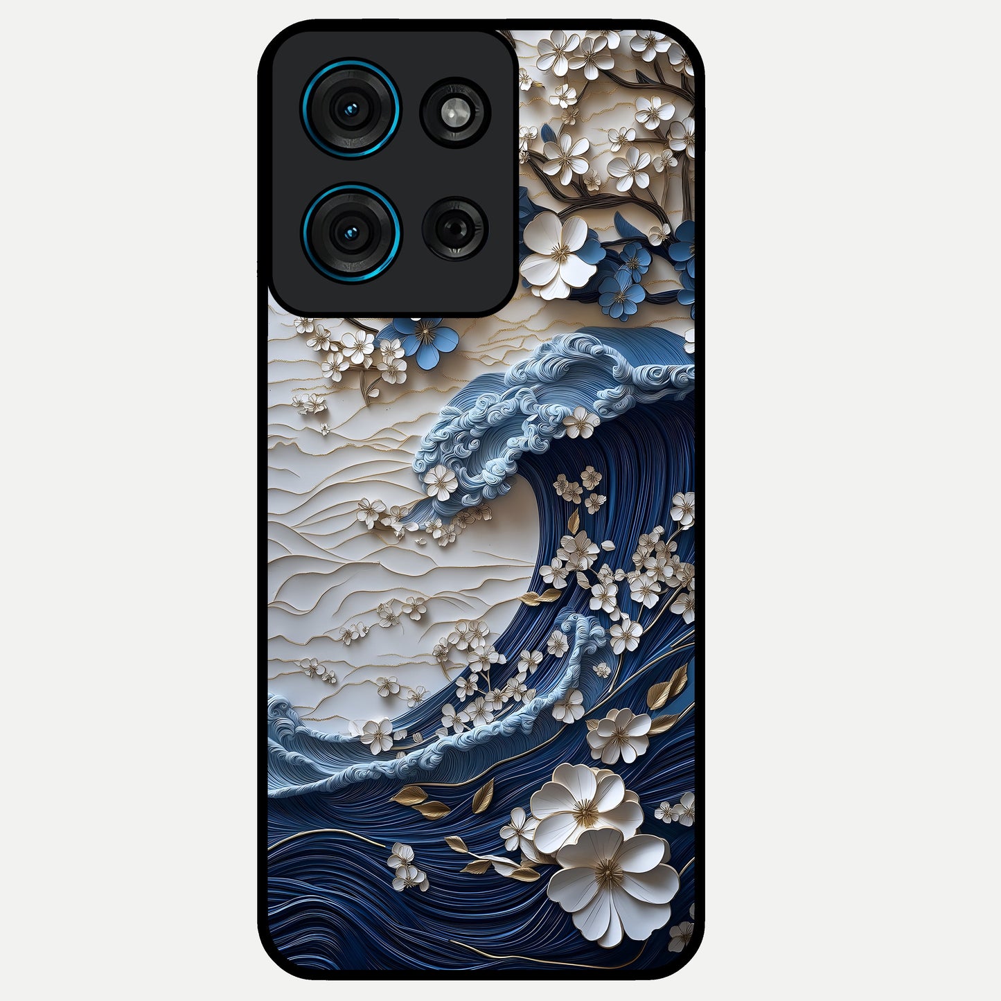 Floral Wave Origami Glass Case showing flat back view with origami inspired floral wave artwork and glossy glass finish.