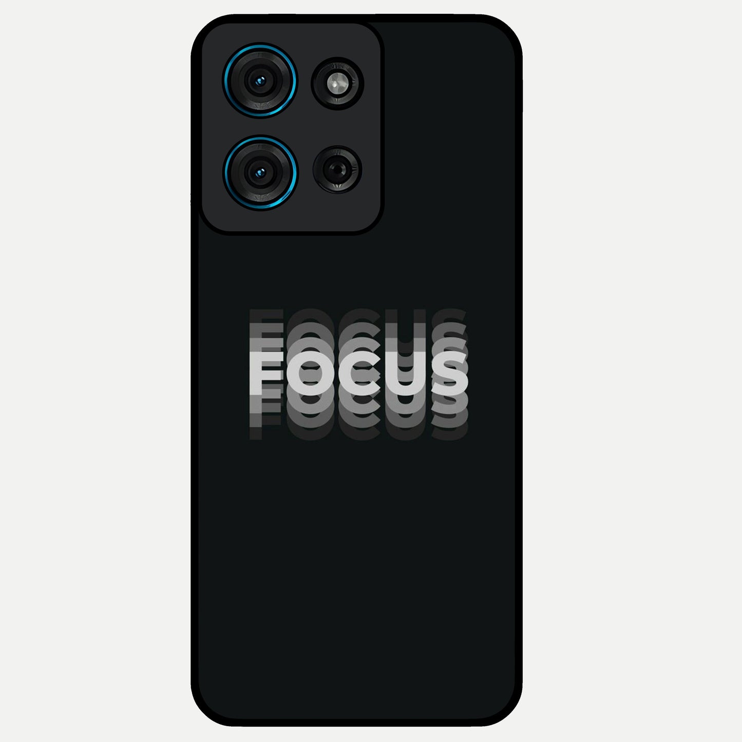 Focus Mode On Glass Case showing flat back view with bold motivational typography design and glossy glass finish.