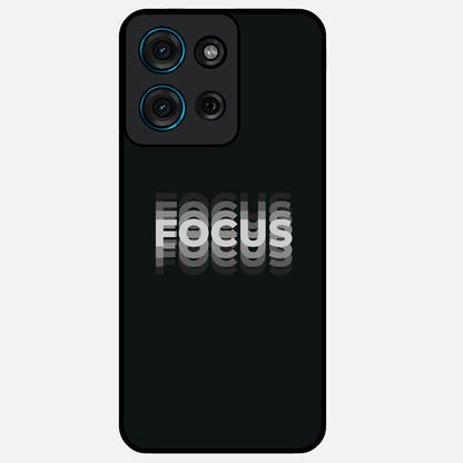 Focus Mode On Glass Case showing flat back view with bold motivational typography design and glossy glass finish.