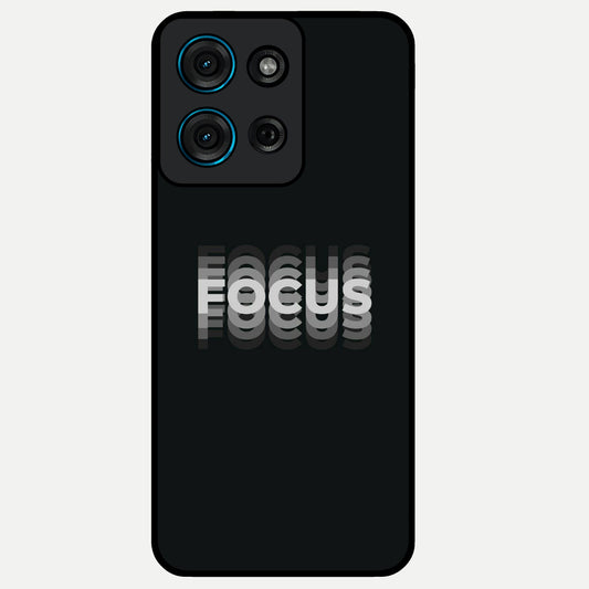 Focus Mode On Glass Case showing flat back view with bold motivational typography design and glossy glass finish.