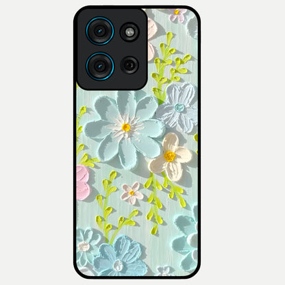 Frosted Petal Garden Glass Case showing flat back view with soft frosted floral artwork and glossy glass finish.