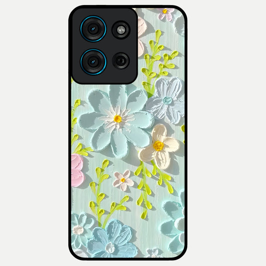 Frosted Petal Garden Glass Case showing flat back view with soft frosted floral artwork and glossy glass finish.
