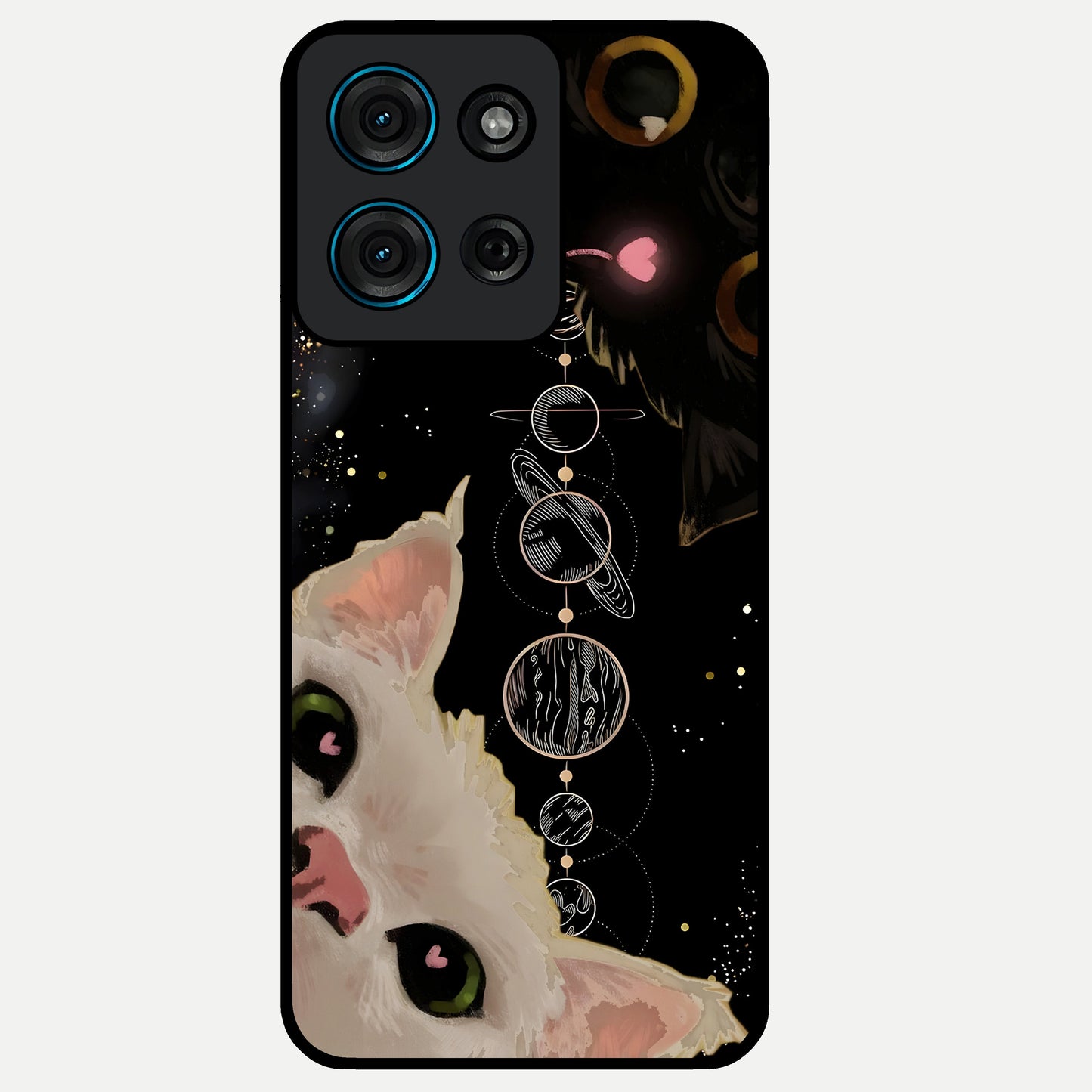 Galactic Cat Glass Case showing flat back view with cosmic cat artwork and glossy glass finish.