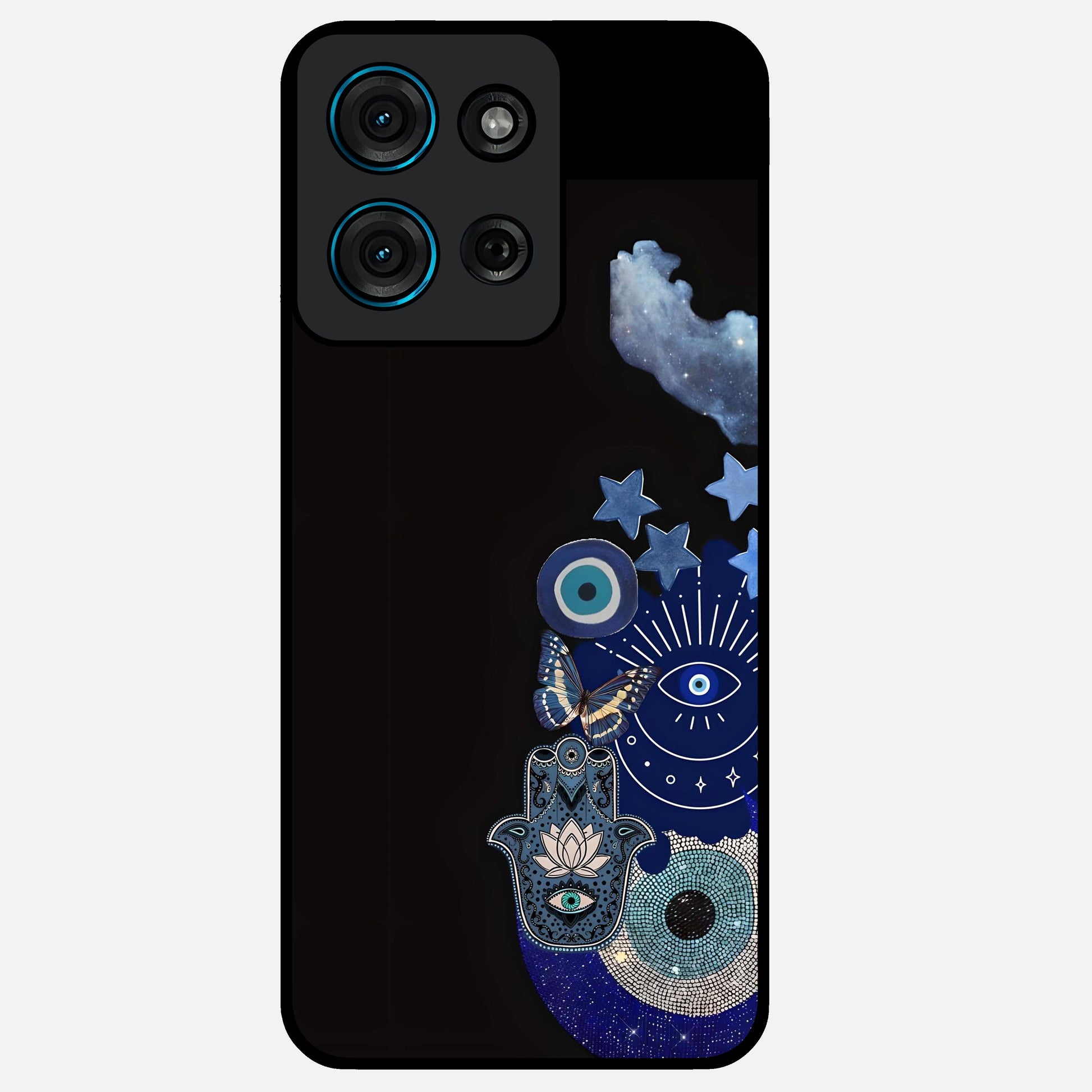 Galactic Charm Cluster Glass Case showing flat back view with glowing celestial charm artwork and glossy glass finish.