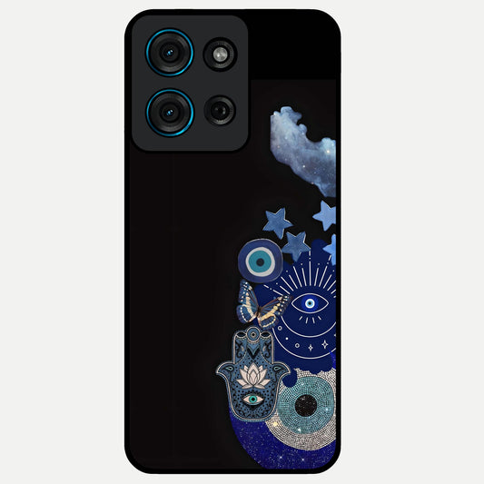 Galactic Charm Cluster Glass Case showing flat back view with glowing celestial charm artwork and glossy glass finish.