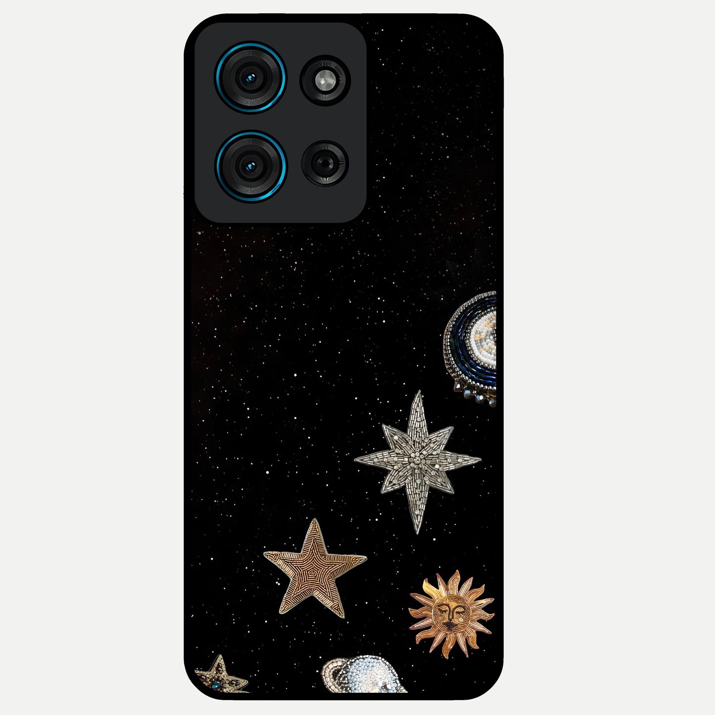 Galactic Charm Glow Glass Case showing flat back view with glowing celestial charm artwork and glossy glass finish.