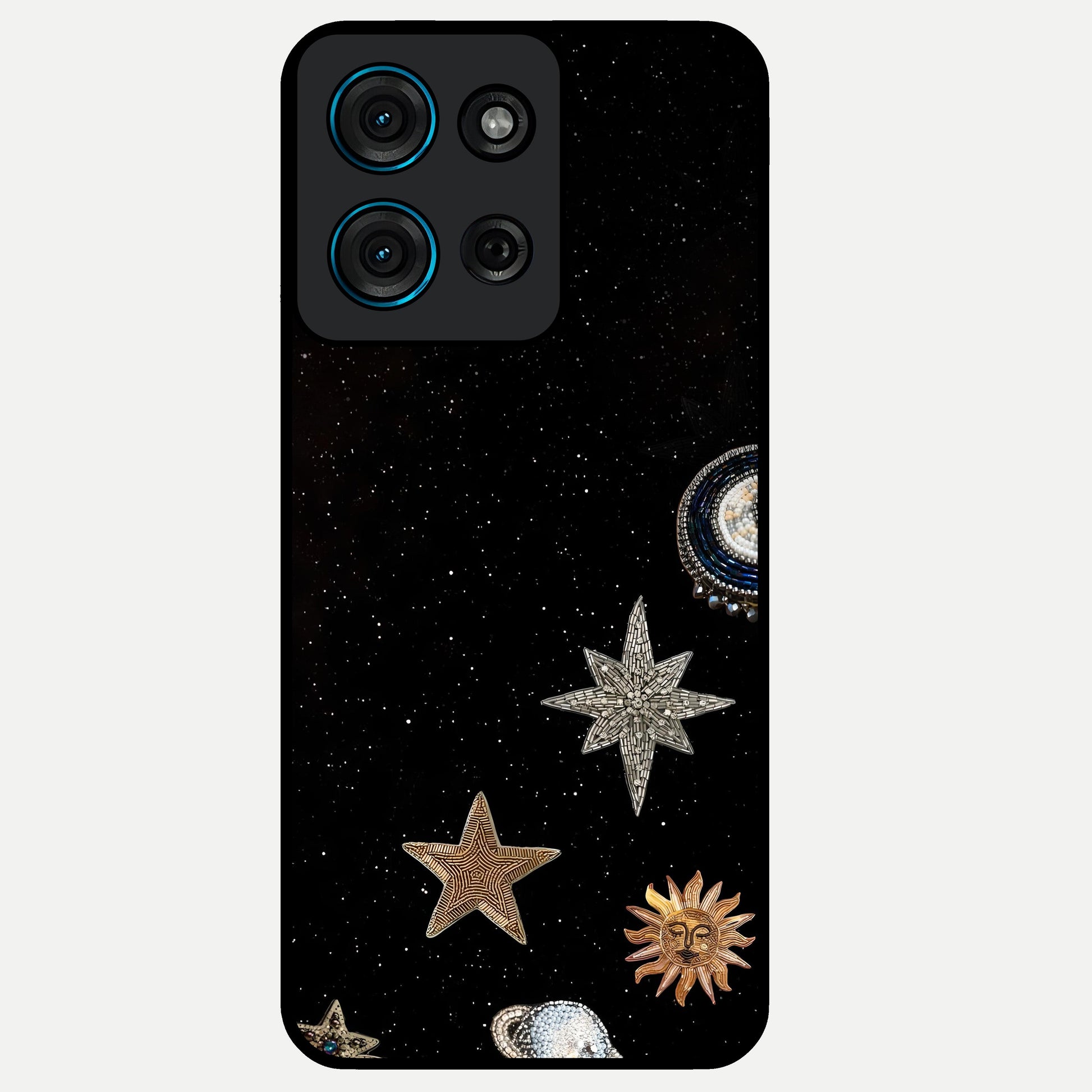 Galactic Charm Glow Glass Case showing flat back view with glowing celestial charm artwork and glossy glass finish.
