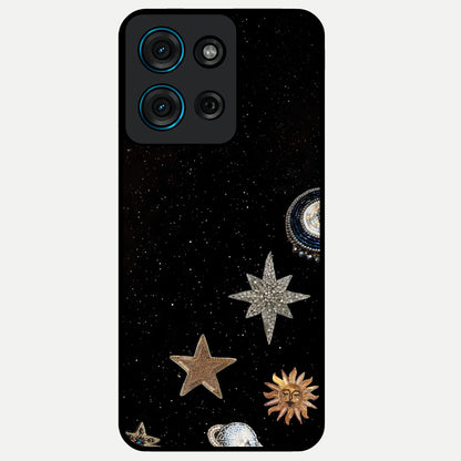 Galactic Charm Glow Glass Case showing flat back view with glowing celestial charm artwork and glossy glass finish.