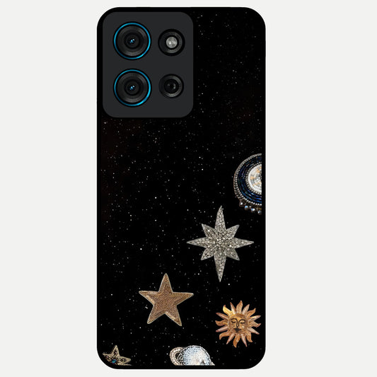 Galactic Charm Glow Glass Case showing flat back view with glowing celestial charm artwork and glossy glass finish.