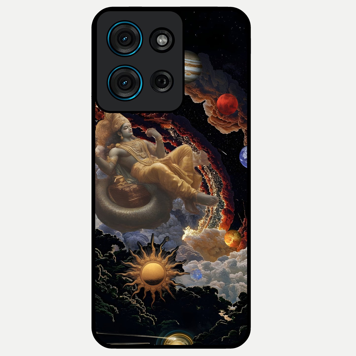 Galactic Divine God Glass Case showing flat back view with divine cosmic themed artwork and glossy glass finish.