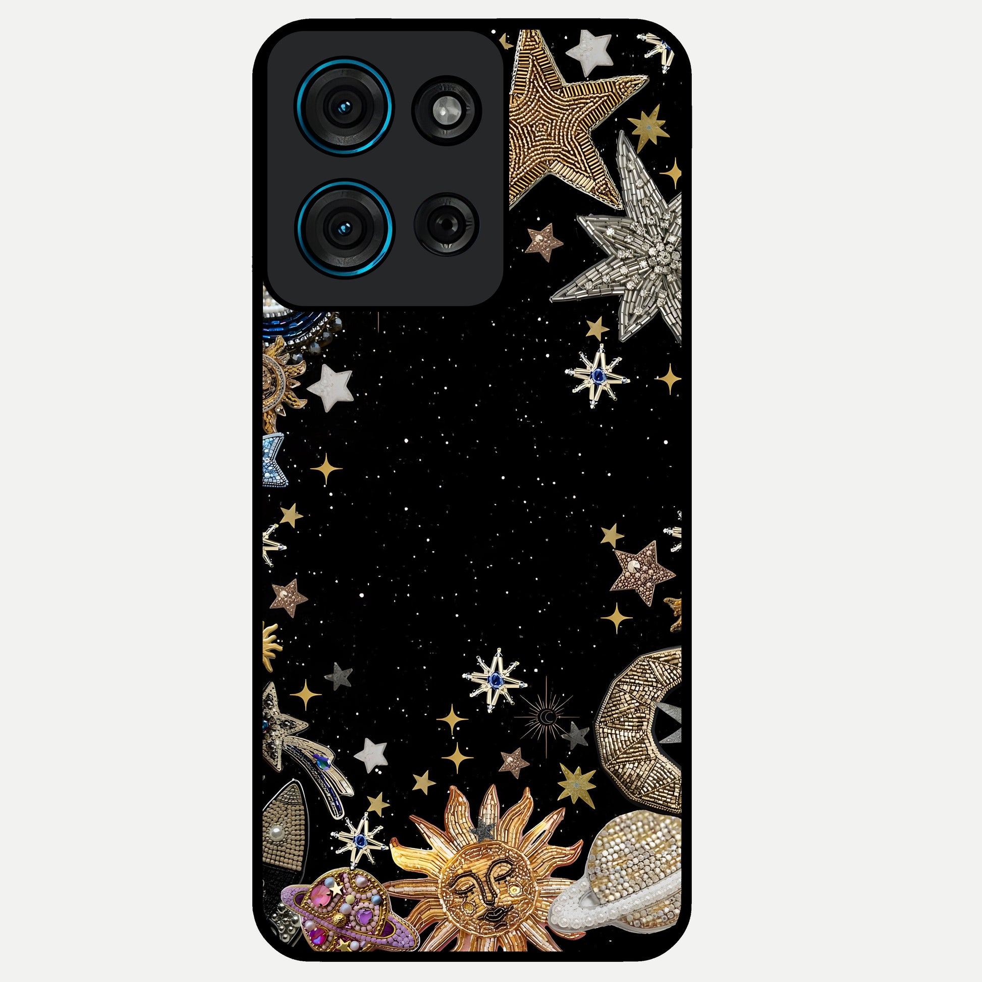 Galactic Jewel Stars Glass Case showing flat back view with sparkling star jewel artwork and glossy glass finish.