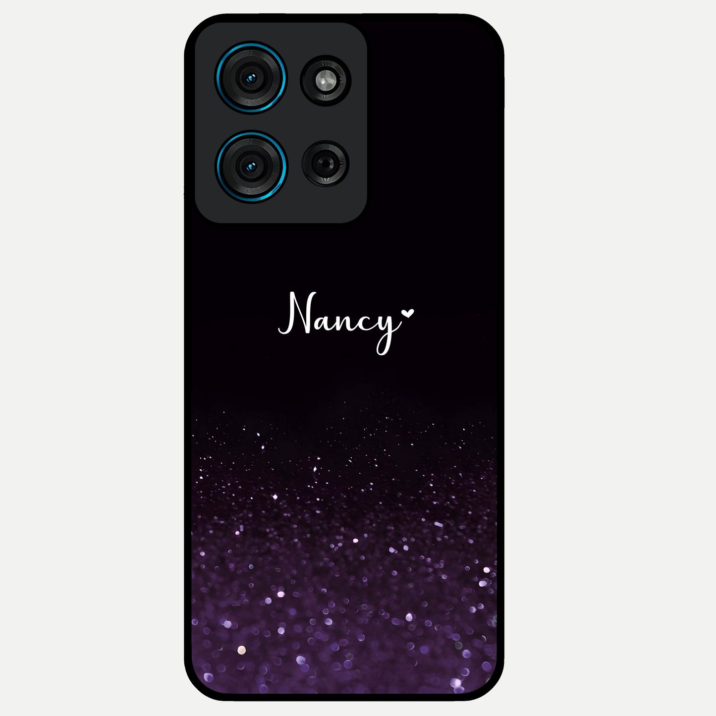 Glittery Purple Bokeh Custom Name Glass Case showing flat back view with purple bokeh sparkle artwork and personalized name design.