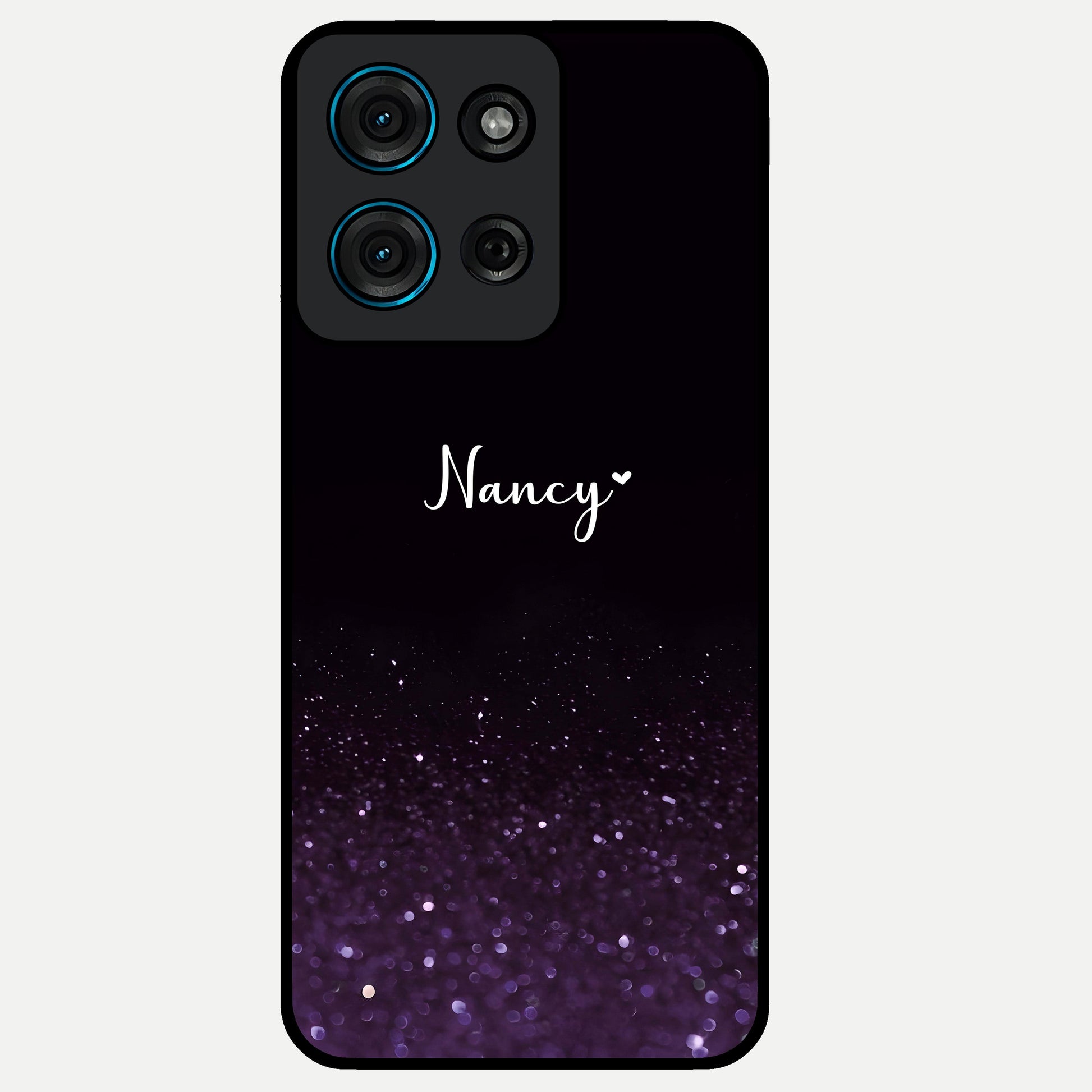 Glittery Purple Bokeh Custom Name Glass Case showing flat back view with purple bokeh sparkle artwork and personalized name design.