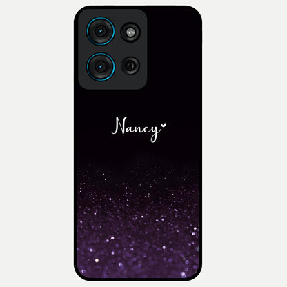 Glittery Purple Bokeh Custom Name Glass Case showing flat back view with purple bokeh sparkle artwork and personalized name design.