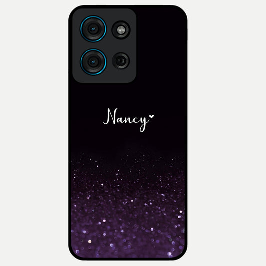 Glittery Purple Bokeh Custom Name Glass Case showing flat back view with purple bokeh sparkle artwork and personalized name design.