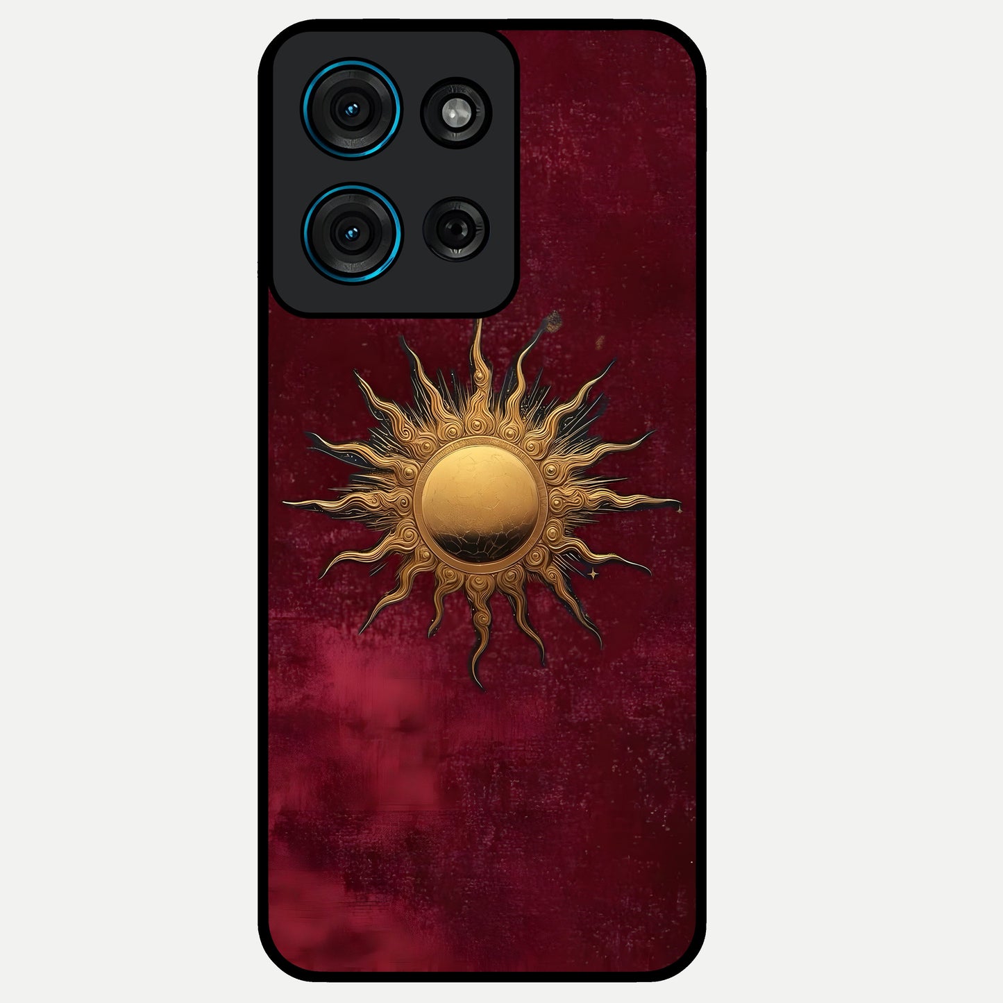 Gold Sun Blush Glass Case showing flat back view with golden sun inspired artwork and glossy glass finish.