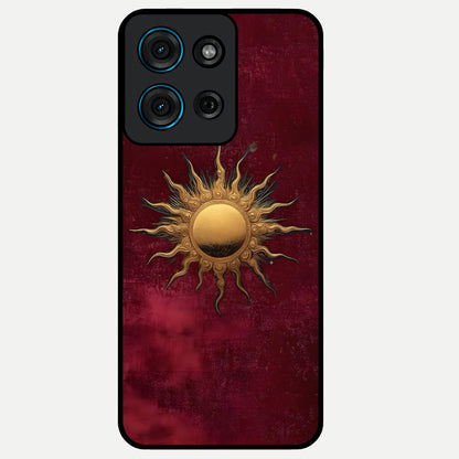 Gold Sun Blush Glass Case showing flat back view with golden sun inspired artwork and glossy glass finish.