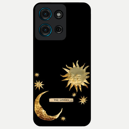 Golden Celestial Charm Glass Case showing flat back view with golden celestial charm artwork and glossy glass finish.