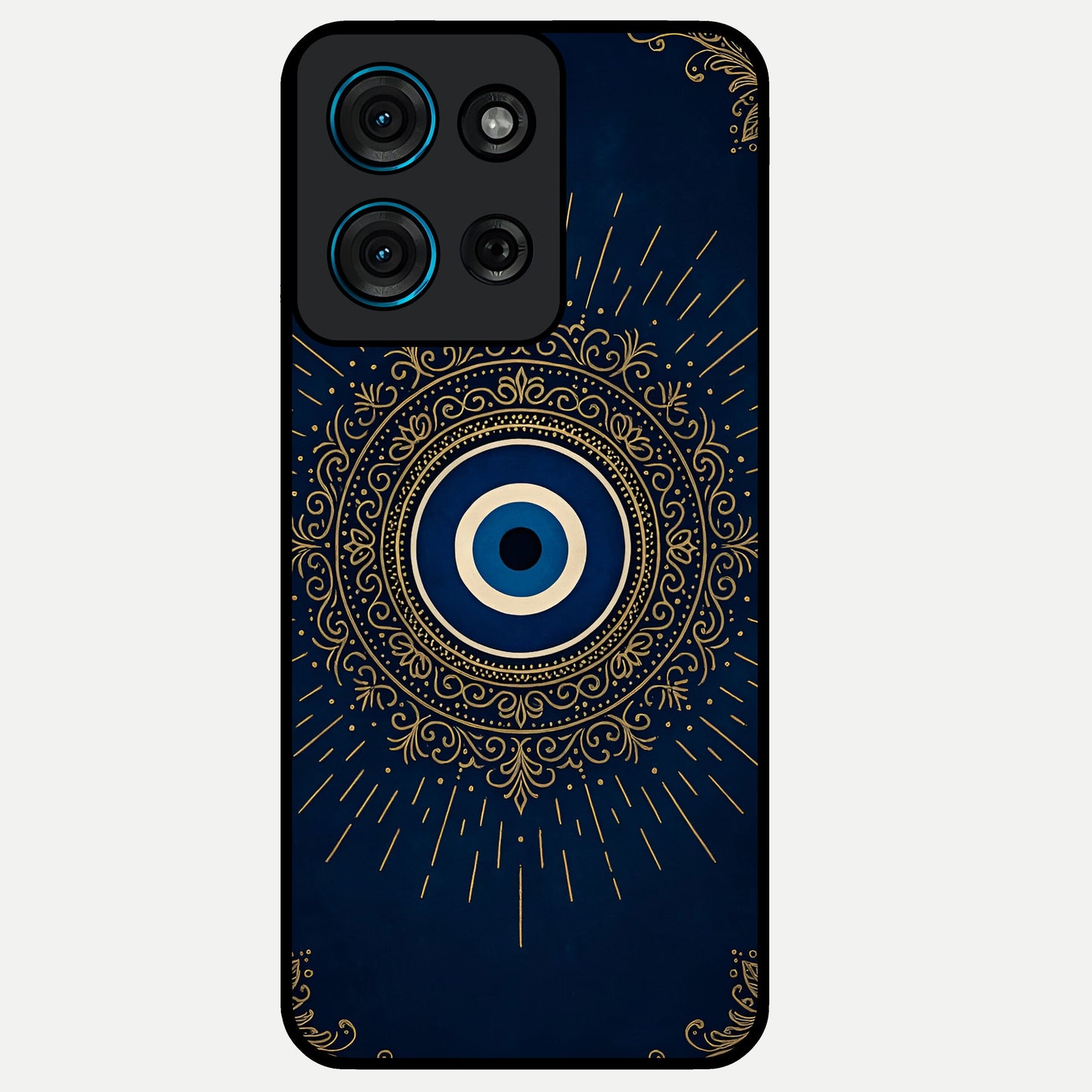 Golden Evil Eye Mandala Glass Case showing flat back view with intricate evil eye mandala artwork and glossy glass finish.