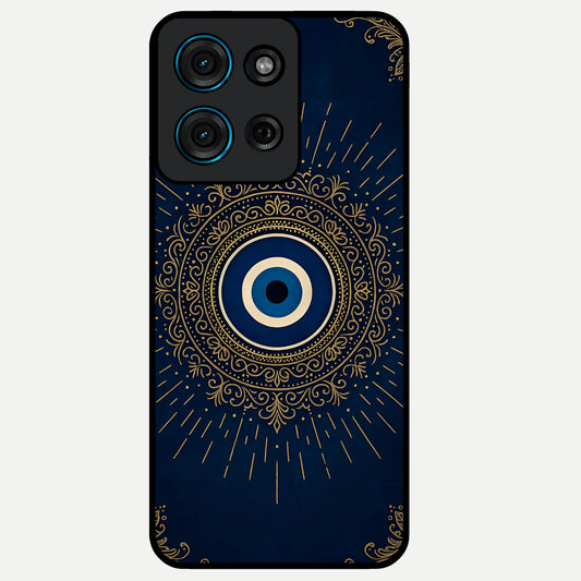 Golden Evil Eye Mandala Glass Case showing flat back view with intricate evil eye mandala artwork and glossy glass finish.