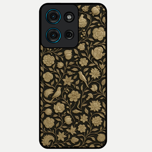 Golden Floral Majesty Glass Case showing flat back view with luxurious golden floral artwork and glossy glass finish.
