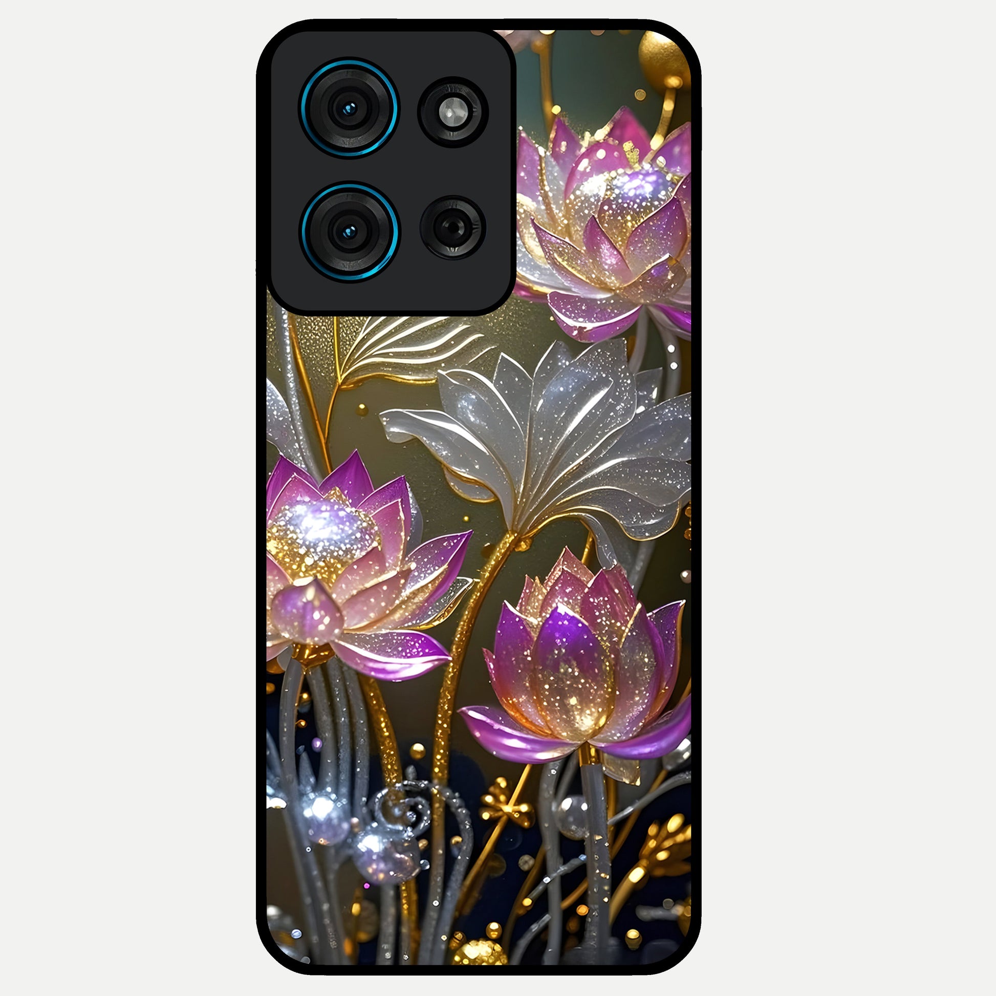 Golden Lotus Glow Glass Case showing flat back view with glowing lotus flower artwork and glossy glass finish.