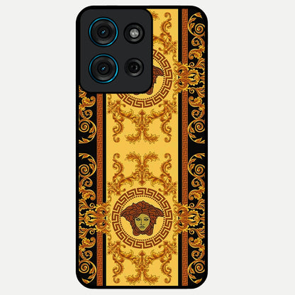 Golden Royal Heritage Glass Case showing flat back view with ornate royal pattern artwork and glossy glass finish.