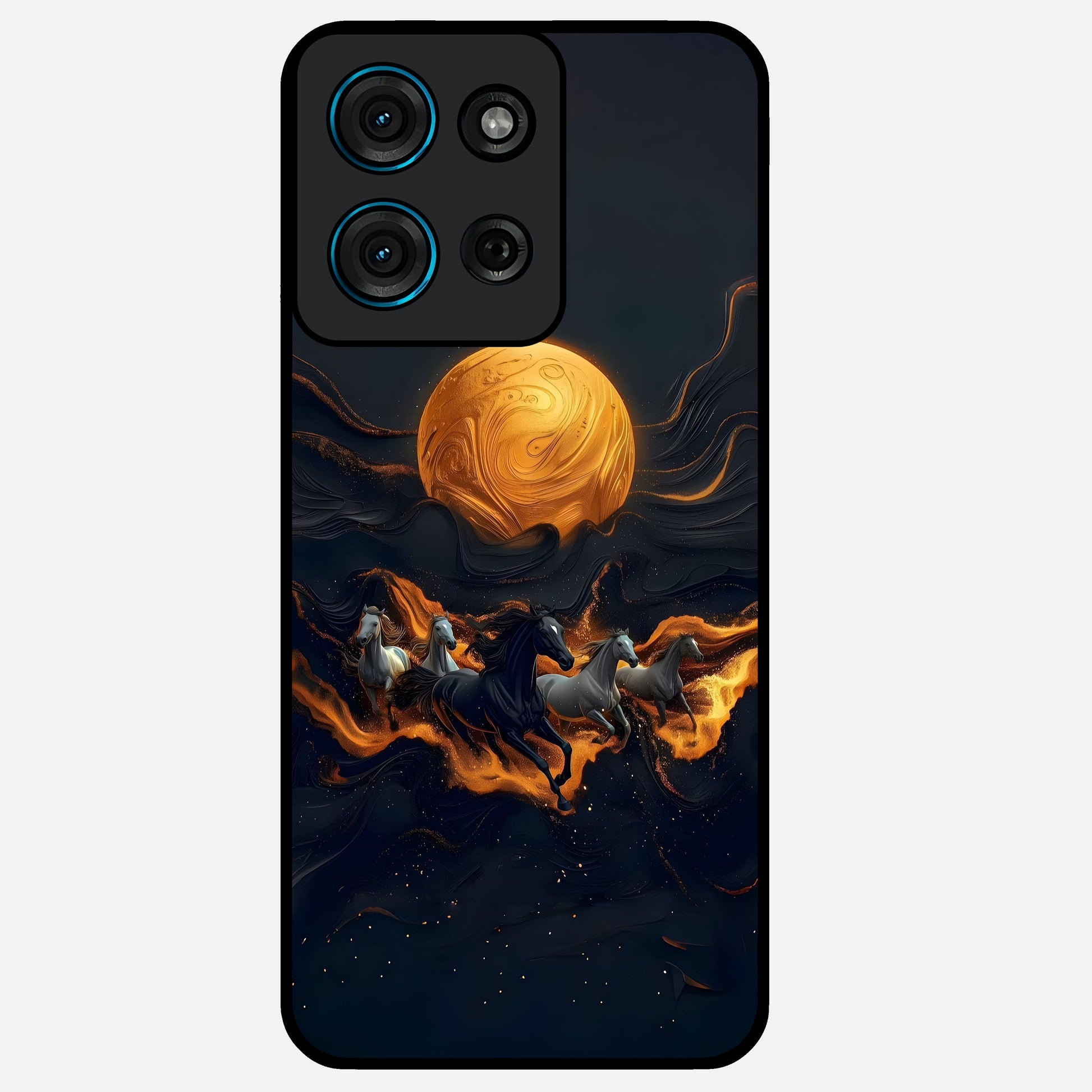 Golden Stallion Moonride Glass Case showing flat back view with majestic horse under moonlight artwork and glossy glass finish.