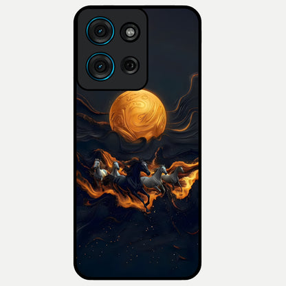 Golden Stallion Moonride Glass Case showing flat back view with majestic horse under moonlight artwork and glossy glass finish.